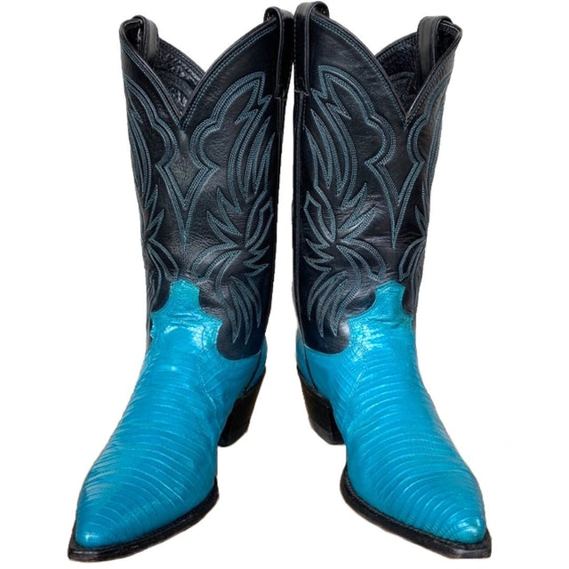 JUSTIN BOOTS Vintage Turquoise Blue Lizard Black Cowboy Boots - Botablu