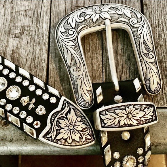 KIPPYS Cowboy Swarovski Crystal Bling Silver Black Leather Cowgirl Western Belt - Botablu