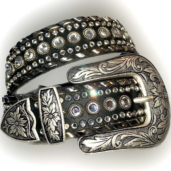 KIPPYS Cowboy Swarovski Crystal Bling Silver Black Leather Cowgirl Western Belt - Botablu