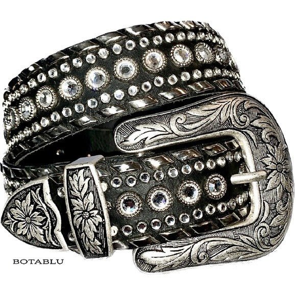 KIPPYS Cowboy Swarovski Crystal Bling Silver Black Leather Cowgirl Western Belt - Botablu