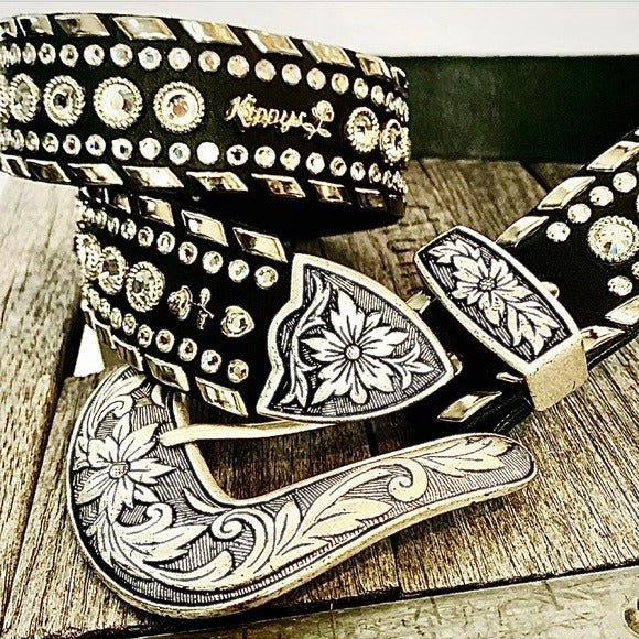 KIPPYS Cowboy Swarovski Crystal Bling Silver Black Leather Cowgirl Western Belt - Botablu