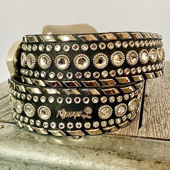 KIPPYS Cowboy Swarovski Crystal Bling Silver Black Leather Cowgirl Western Belt - Botablu