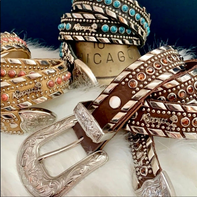KIPPYS Swarovski Crystal Silver Buckle Studded Brown Leather Cowgirl Western Belt - Botablu