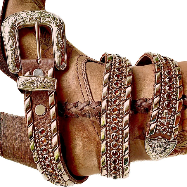 KIPPYS Swarovski Crystal Silver Buckle Studded Brown Leather Cowgirl Western Belt - Botablu