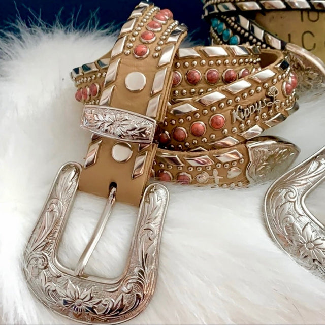 KIPPYS Tan Brown Leather Belt Coral Stones Silver Studded Cowgirl Western Belt - Botablu