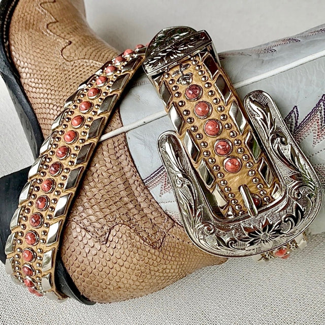KIPPYS Tan Brown Leather Belt Coral Stones Silver Studded Cowgirl Western Belt - Botablu