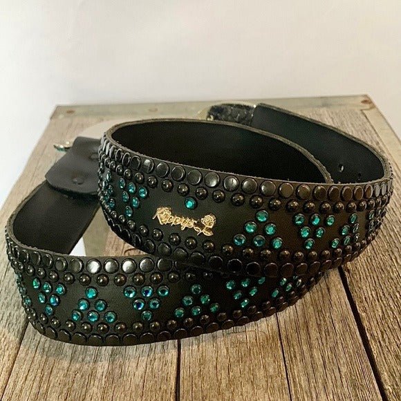 KIPPYS Turquoise Swarovski Crystal Black Leather Silver Cowgirl Western Belt - Botablu
