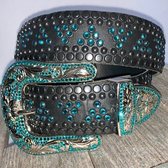 KIPPYS Turquoise Swarovski Crystal Black Leather Silver Cowgirl Western Belt - Botablu
