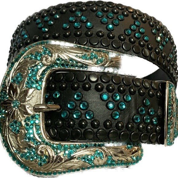 KIPPYS Turquoise Swarovski Crystal Black Leather Silver Cowgirl Western Belt - Botablu