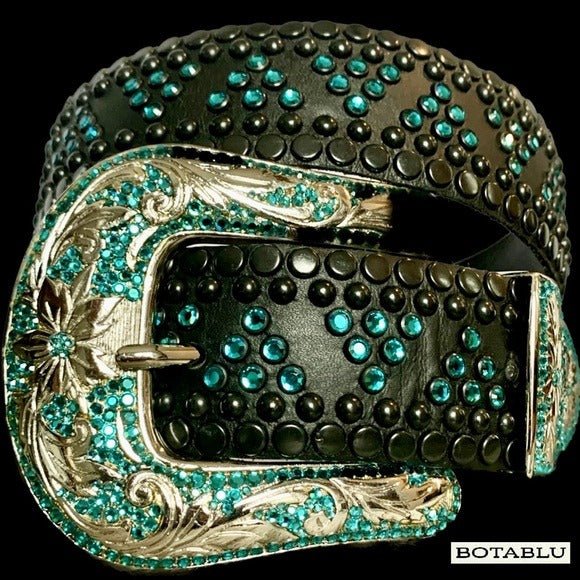 KIPPYS Turquoise Swarovski Crystal Black Leather Silver Cowgirl Western Belt - Botablu