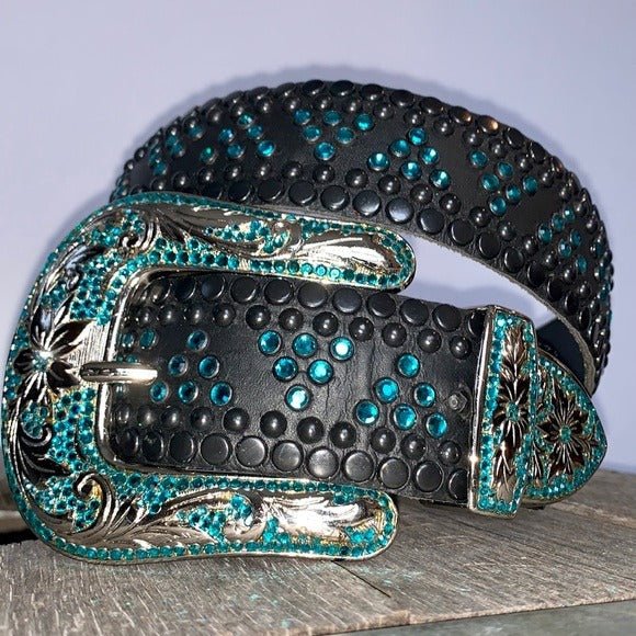 KIPPYS Turquoise Swarovski Crystal Black Leather Silver Cowgirl Western Belt - Botablu