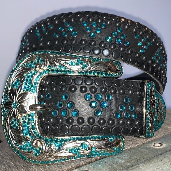 KIPPYS Turquoise Swarovski Crystal Black Leather Silver Cowgirl Western Belt - Botablu