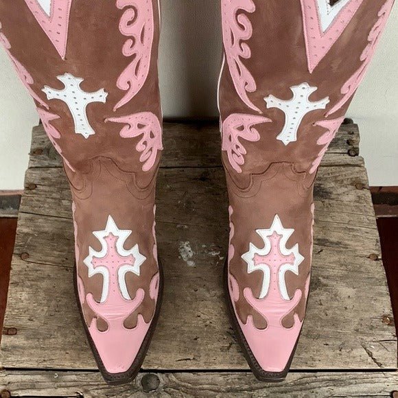 LANE Boots Grace Cross Tall Knee High Pink Brown Leather Cowgirl Western - Botablu