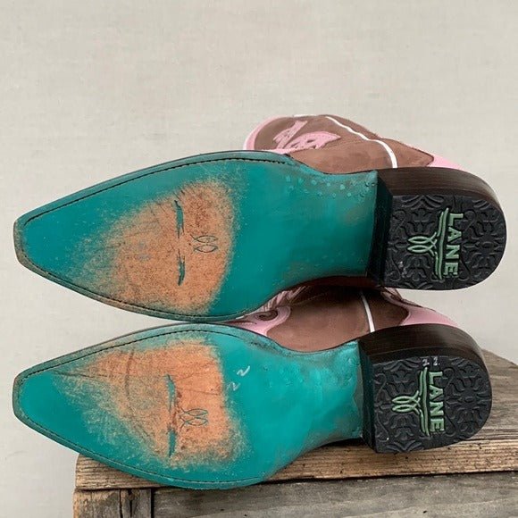 LANE Boots Grace Cross Tall Knee High Pink Brown Leather Cowgirl Western - Botablu