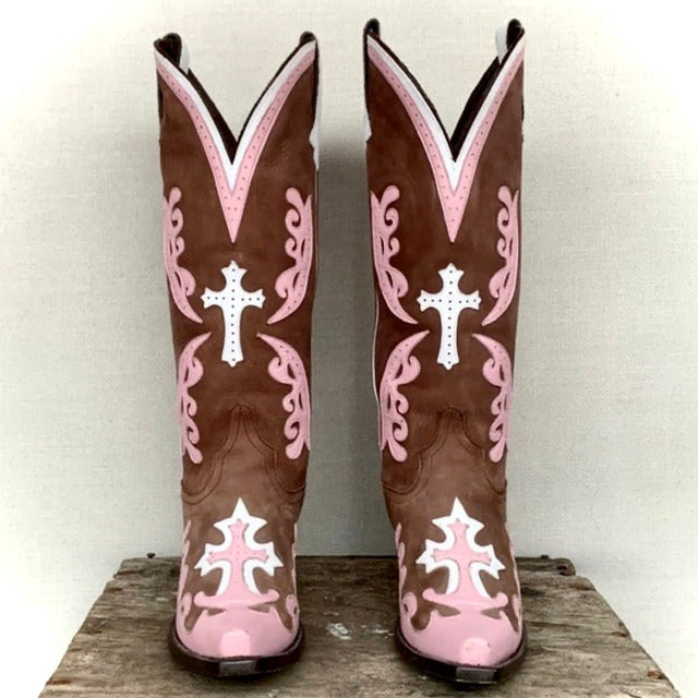 LANE Boots Grace Cross Tall Knee High Pink Brown Leather Cowgirl Western - Botablu