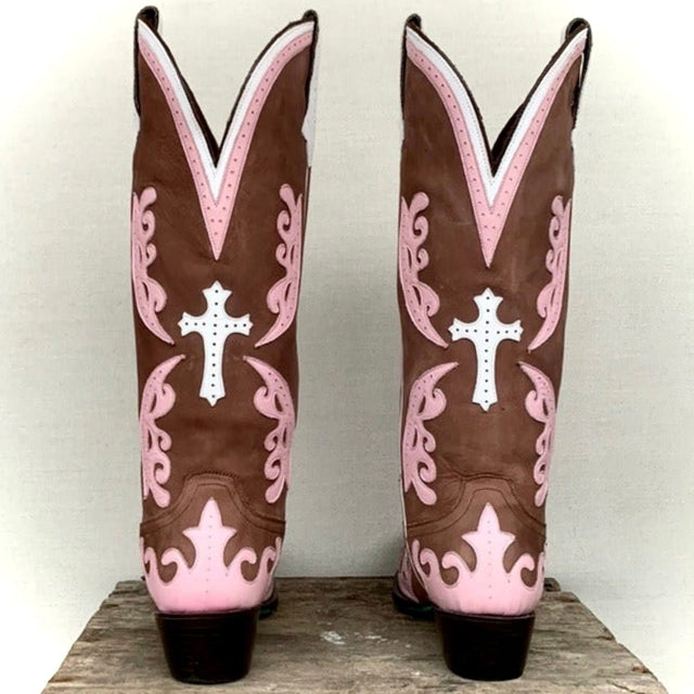 LANE Boots Grace Cross Tall Knee High Pink Brown Leather Cowgirl Western - Botablu