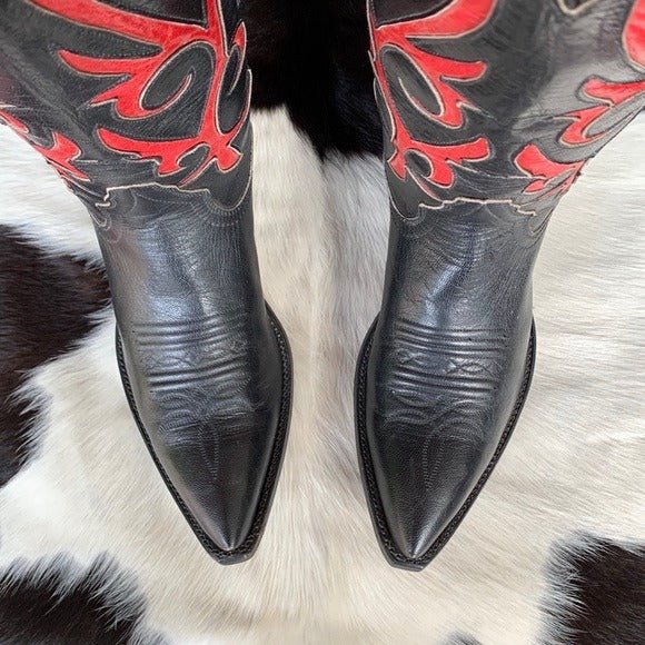 LARRY MAHAN Vintage Black Red Tall Cowgirl Cowboy Western Boots - Botablu