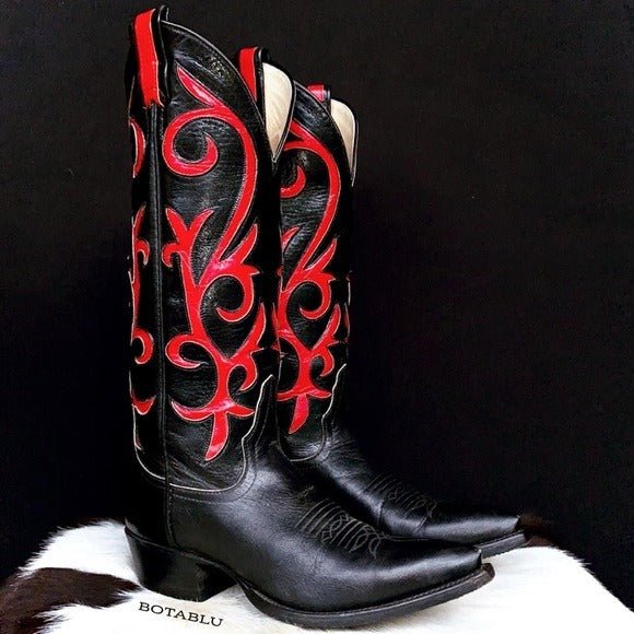 LARRY MAHAN Vintage Black Red Tall Cowgirl Cowboy Western Boots - Botablu