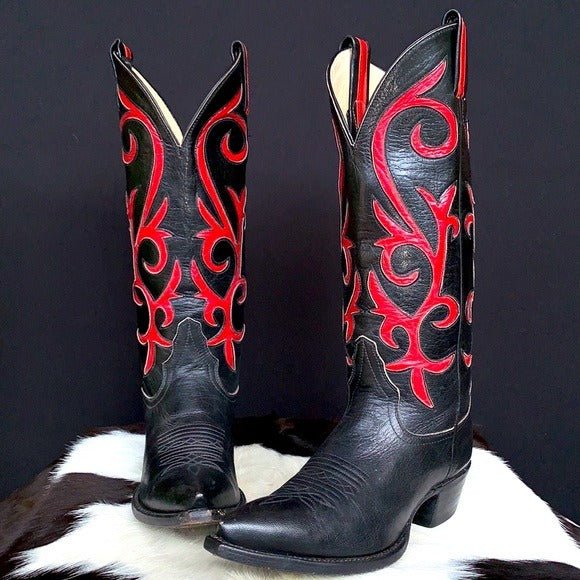 LARRY MAHAN Vintage Black Red Tall Cowgirl Cowboy Western Boots - Botablu