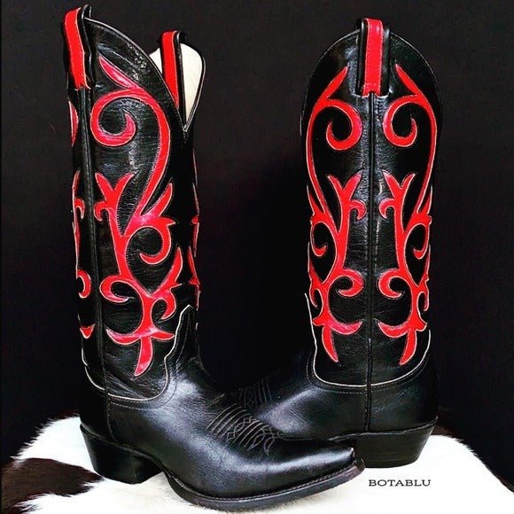 LARRY MAHAN Vintage Black Red Tall Cowgirl Cowboy Western Boots - Botablu