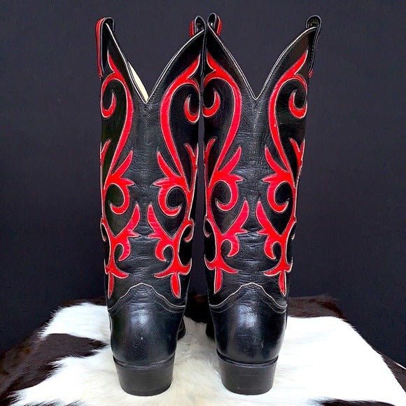 LARRY MAHAN Vintage Black Red Tall Cowgirl Cowboy Western Boots - Botablu