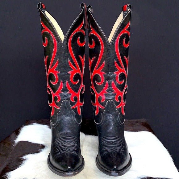 LARRY MAHAN Vintage Black Red Tall Cowgirl Cowboy Western Boots - Botablu