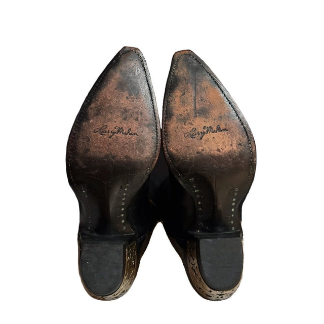 LARRY MAHAN Vintage Butterfly Knee High Black Cowboy Boots - Botablu