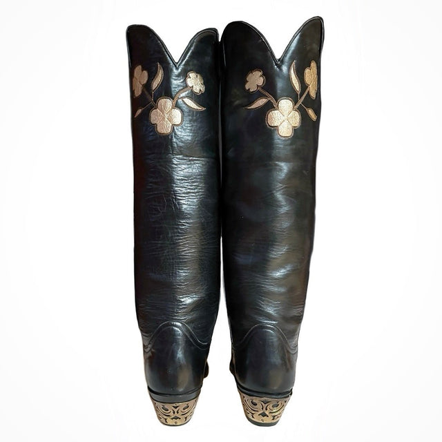 LARRY MAHAN Vintage Butterfly Knee High Black Cowboy Boots - Botablu