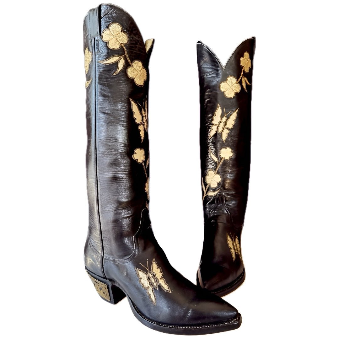 LARRY MAHAN Vintage Butterfly Knee High Black Cowboy Boots – Botablu