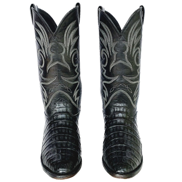 LARRY MAHAN Vintage Caiman Crocodile Black Cowboy Boots - Botablu