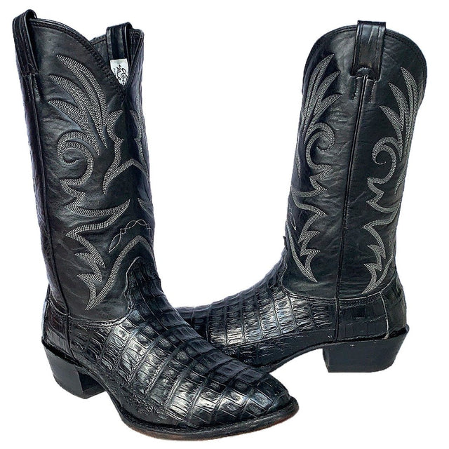 LARRY MAHAN Vintage Caiman Crocodile Black Cowboy Boots - Botablu