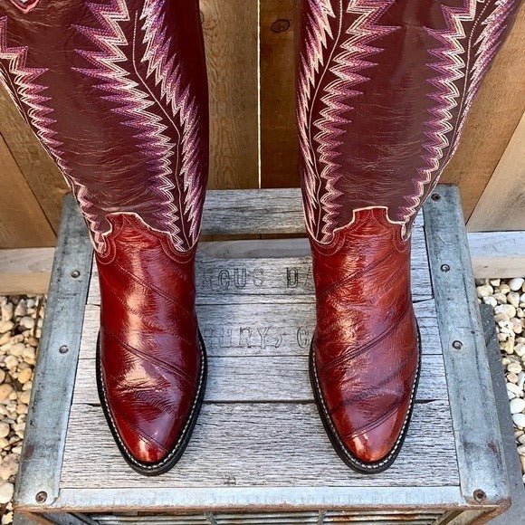 LARRY MAHAN Vintage Eel Exotic Tall Knee High Red Cowgirl Cowboy Western Boots - Botablu