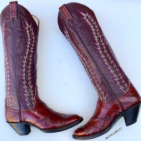LARRY MAHAN Vintage Eel Exotic Tall Knee High Red Cowgirl Cowboy Western Boots - Botablu