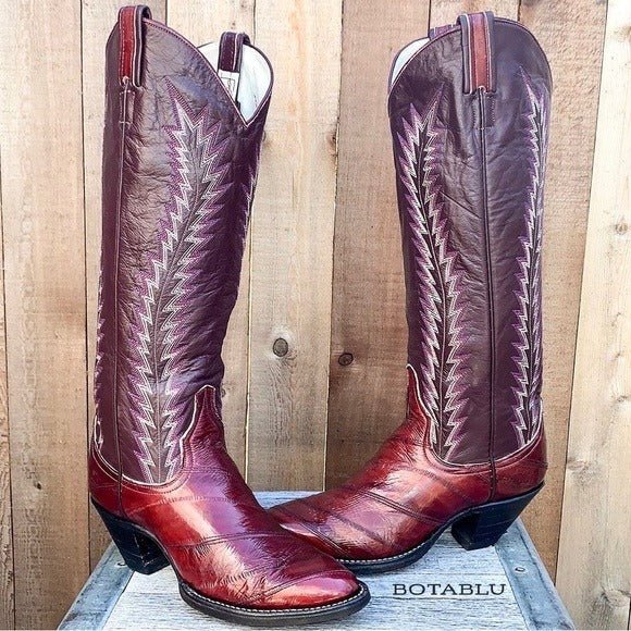 LARRY MAHAN Vintage Eel Exotic Tall Knee High Red Cowgirl Cowboy Western Boots - Botablu