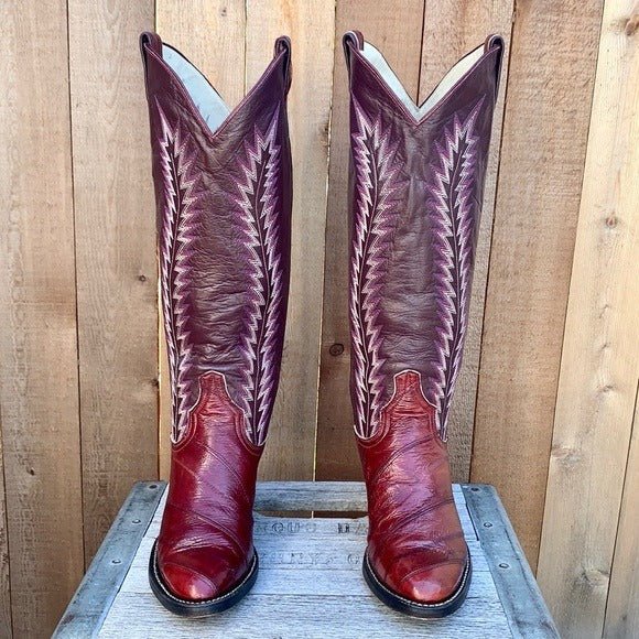 LARRY MAHAN Vintage Eel Exotic Tall Knee High Red Cowgirl Cowboy Western Boots - Botablu