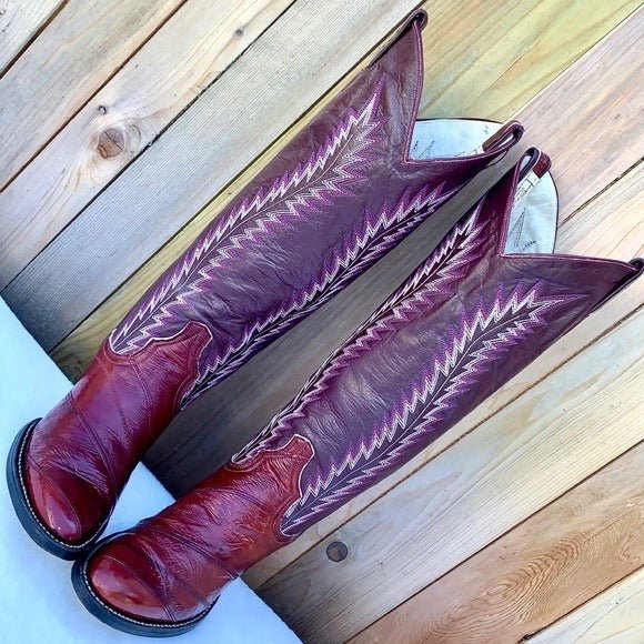 LARRY MAHAN Vintage Eel Exotic Tall Knee High Red Cowgirl Cowboy Western Boots - Botablu