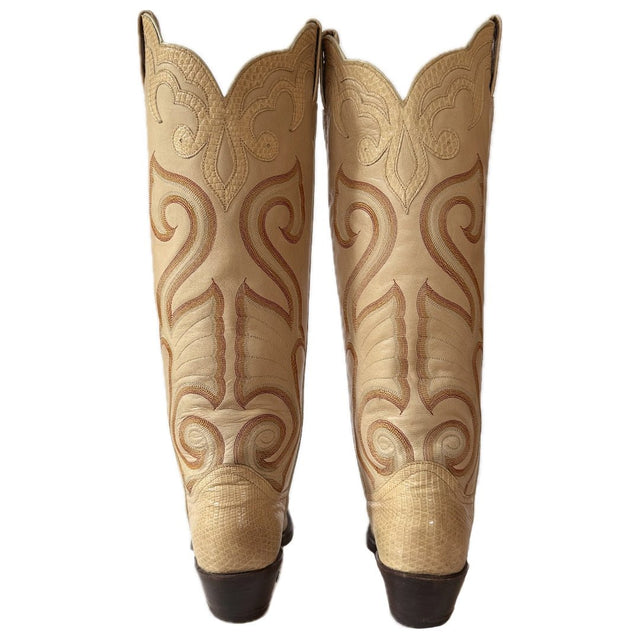 LARRY MAHAN Vintage Exotic Ivory Beige Knee High Cowboy Boots - Botablu