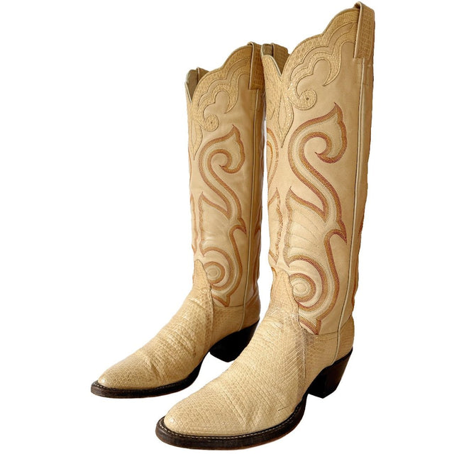 LARRY MAHAN Vintage Exotic Ivory Beige Knee High Cowboy Boots - Botablu