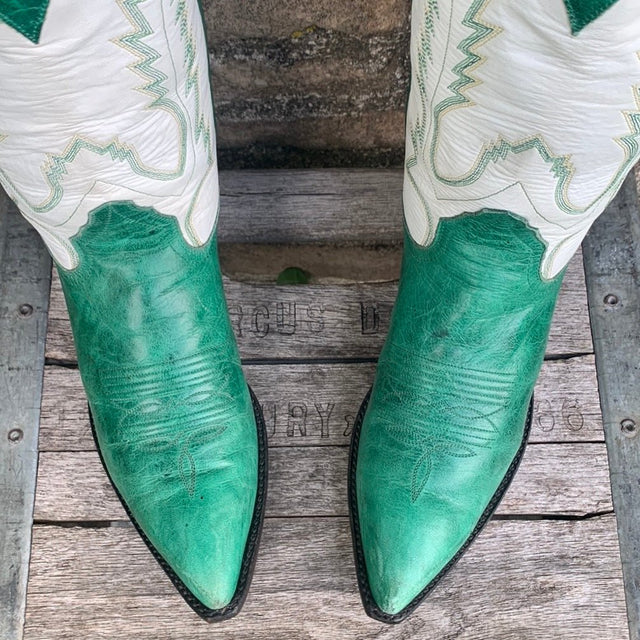 LARRY MAHAN Vintage Green White Leather Mid-Calf Cowgirl Cowboy Western Boots - Botablu