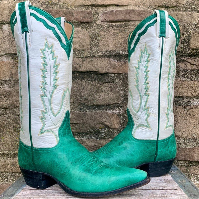 LARRY MAHAN Vintage Green White Leather Mid-Calf Cowgirl Cowboy Western Boots - Botablu
