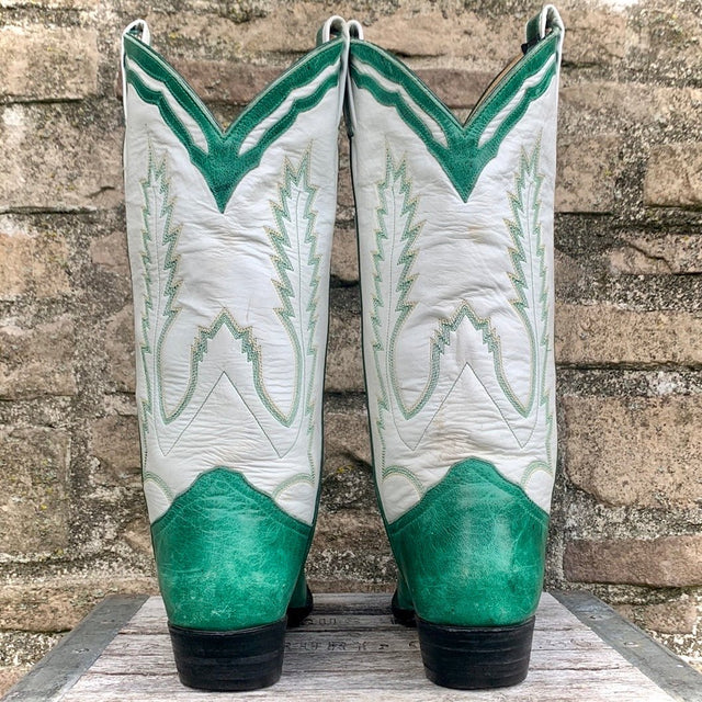 LARRY MAHAN Vintage Green White Leather Mid-Calf Cowgirl Cowboy Western Boots - Botablu