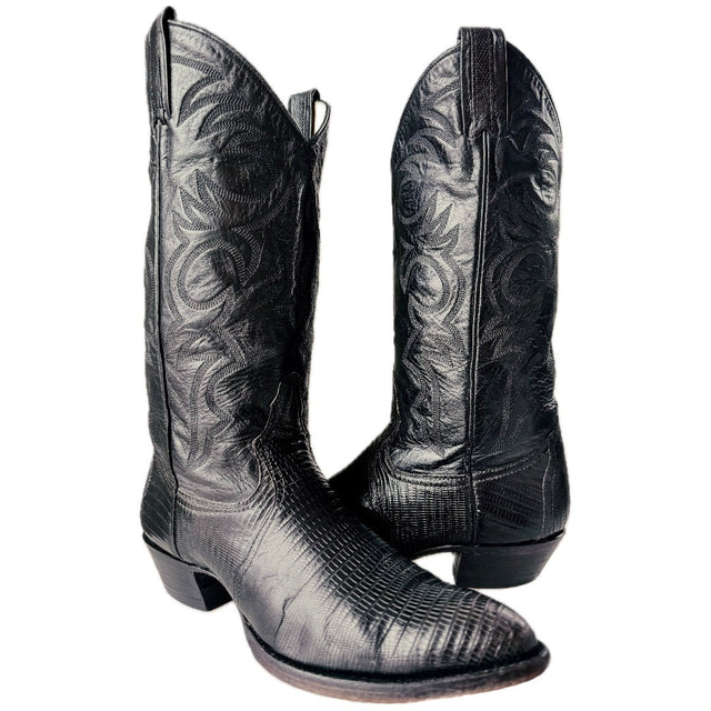 LARRY MAHAN Vintage Lizard Black Cowboy Boots - Botablu