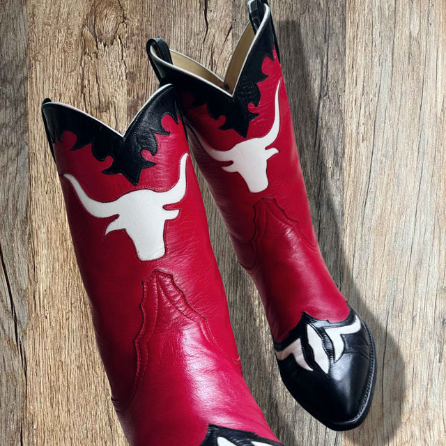 LARRY MAHAN Vintage Longhorn Red Cowgirl Boots - Botablu
