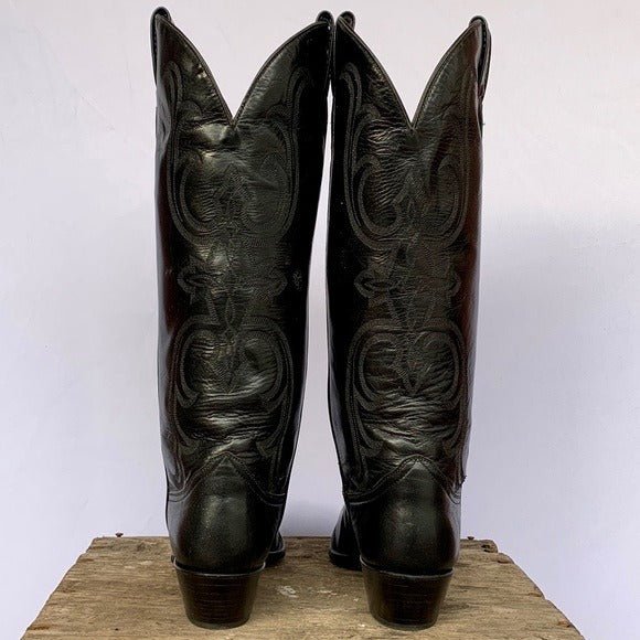 LARRY MAHAN Vintage New Tall Knee High Black Leather Cowgirl Western Boots - Botablu