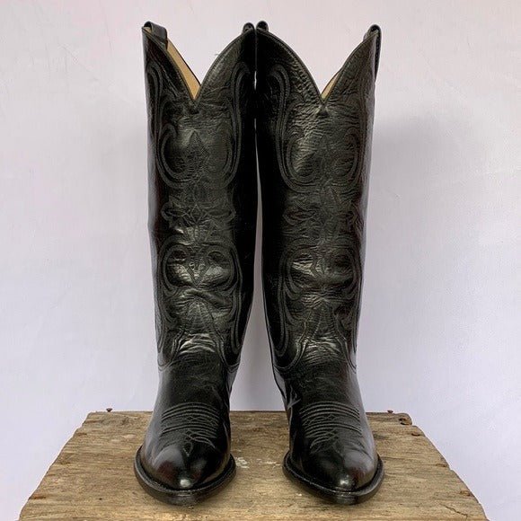 LARRY MAHAN Vintage New Tall Knee High Black Leather Cowgirl Western Boots - Botablu