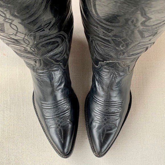 LARRY MAHAN Vintage New Tall Knee High Black Leather Cowgirl Western Boots - Botablu