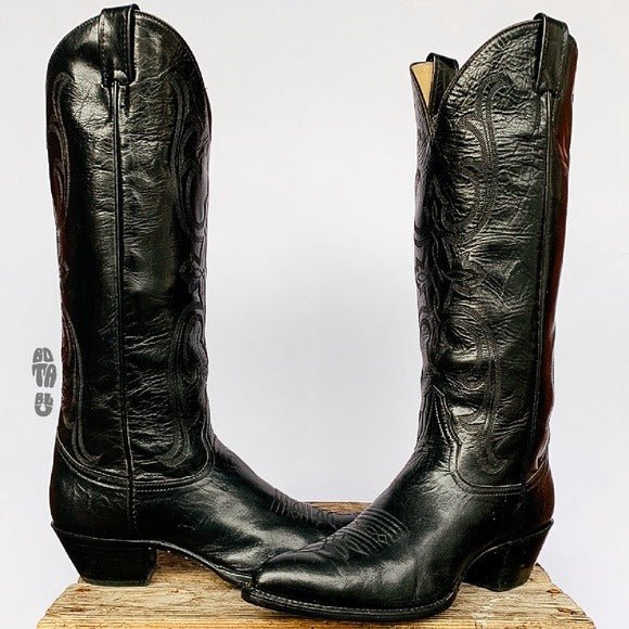 LARRY MAHAN Vintage New Tall Knee High Black Leather Cowgirl Western Boots - Botablu