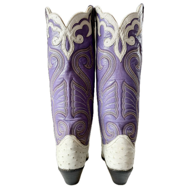 LARRY MAHAN Vintage Ostrich Purple White Knee High Cowboy Boots - Botablu