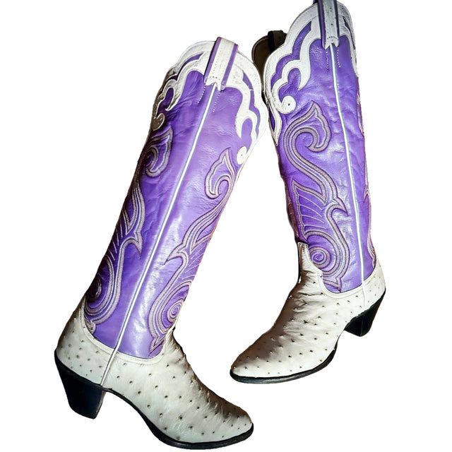 LARRY MAHAN Vintage Ostrich Purple White Knee High Cowboy Boots - Botablu