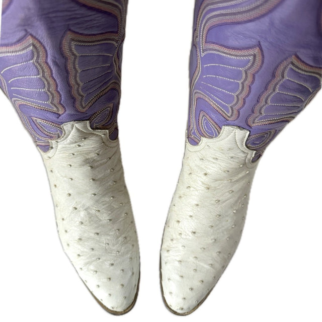 LARRY MAHAN Vintage Ostrich Purple White Knee High Cowboy Boots - Botablu